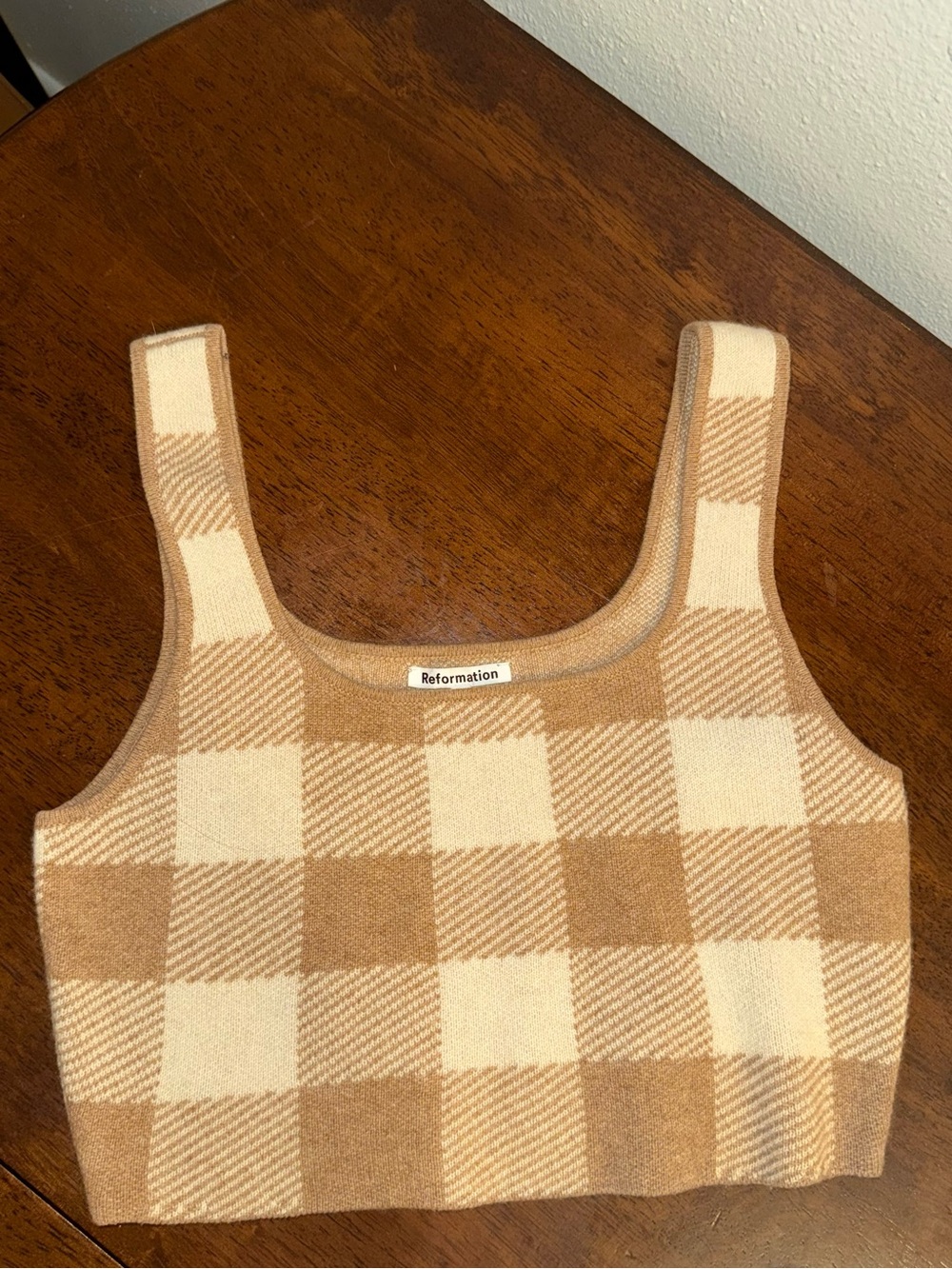 Reformation Cashmere Cream and Beige Checkered Knit Tank